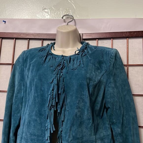 PAMELA MC‎ COY TURQUOISE FRINGE 100% LEATHER JACKET SIZE S - Picture 6 of 8